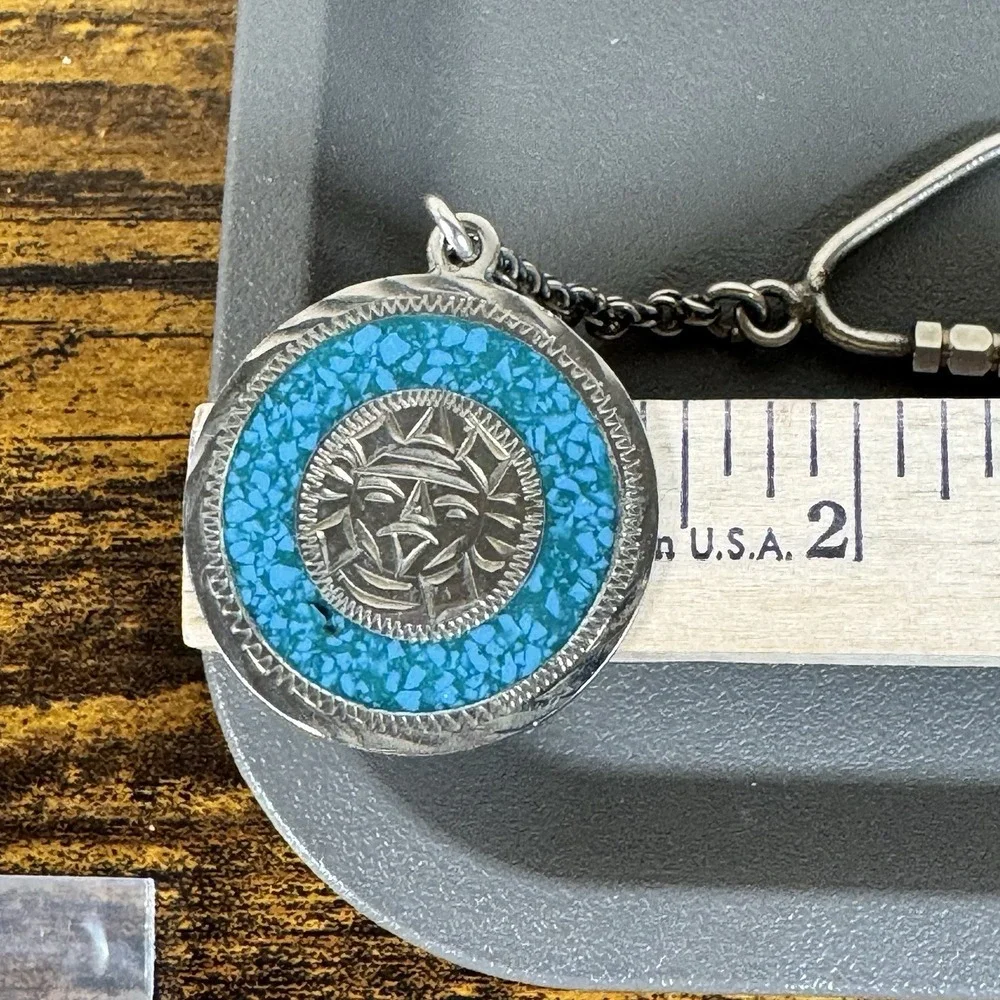 Vintage Alpaca Mexico Turquoise Inlay Sun Face Keychain Southwest Silver Tone