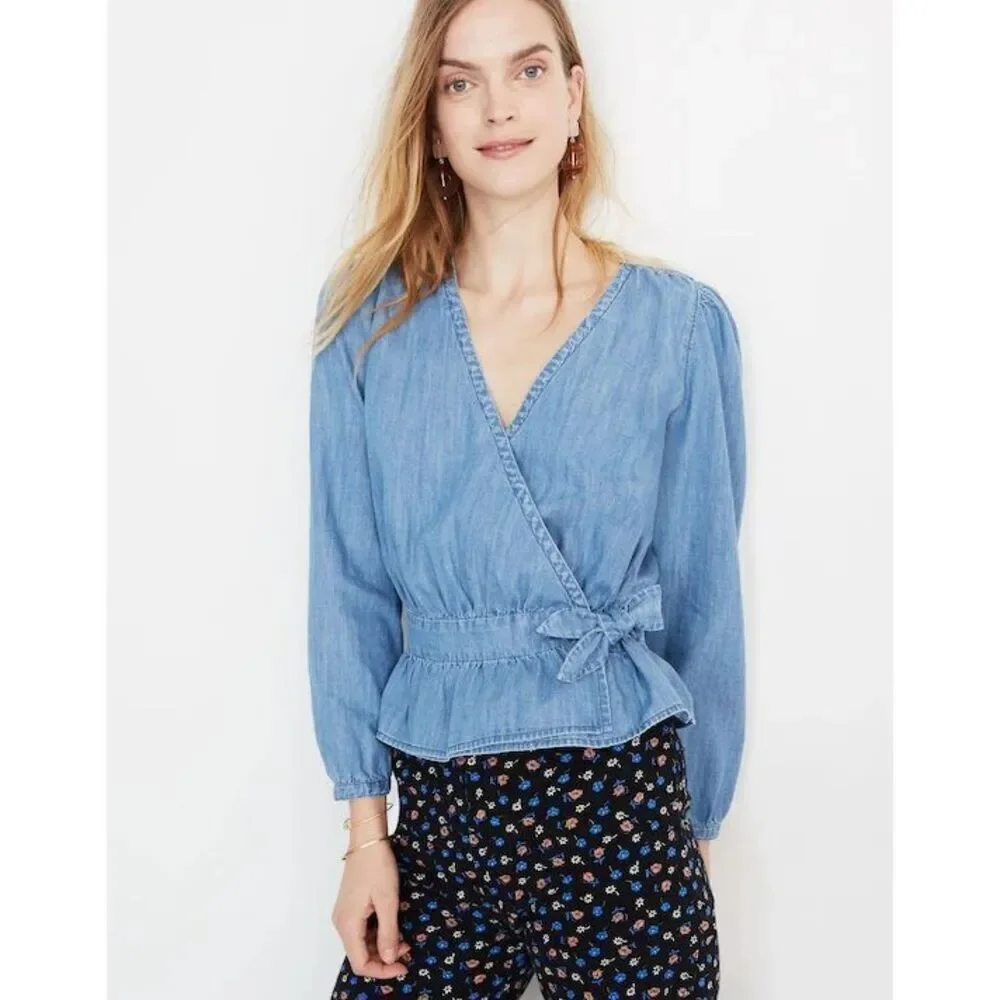 Madewell Denim Puff-Sleeve Peplum Wrap Size XS