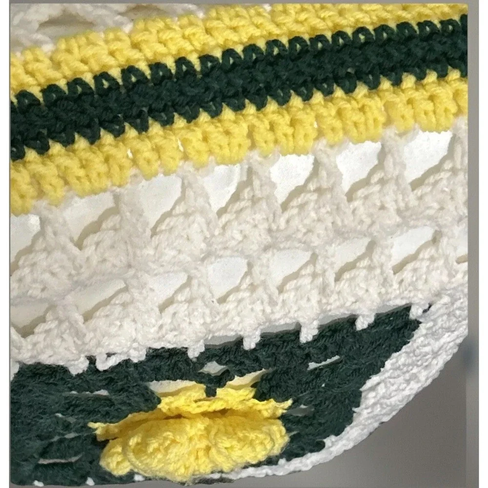 Handmade Crochet Rose Granny Square Throw Pillow White Yellow Green Vintage (#2)