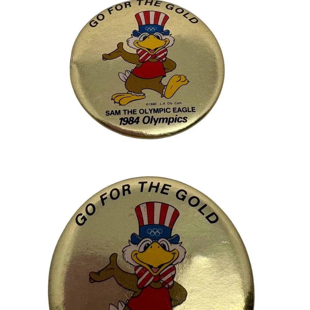 2 Vintage 1980s Sam the Olympic Eagle 1984‎ Los Angeles Olympics Button Pin