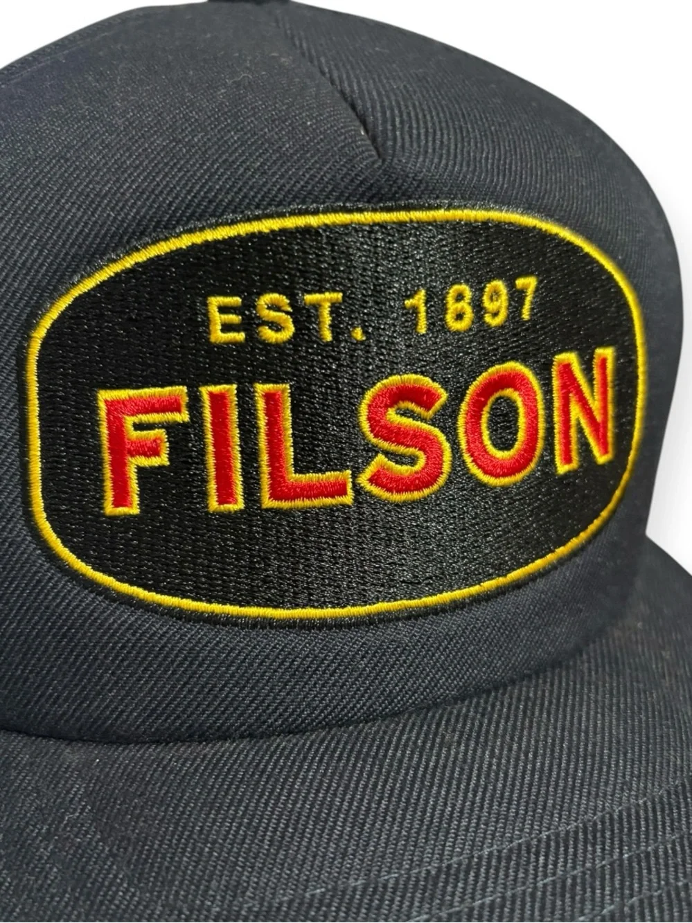 Filson Harvester SnapBack Cap Navy Blue Embroidered Patch EUC
