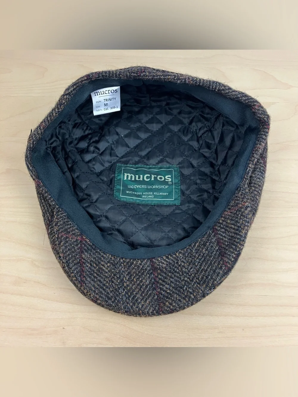 Mucros Weavers Hat Trinity Tweed 100% Wool Newsboy Cabbie Hat Size M Brown Plaid