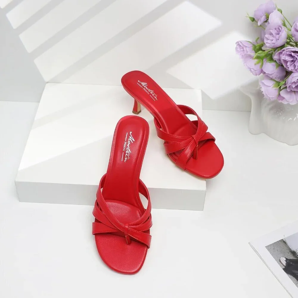 Women Strappy Kitten Heels Open Toe Slip On Mules Thong Sandal for Party Wedding